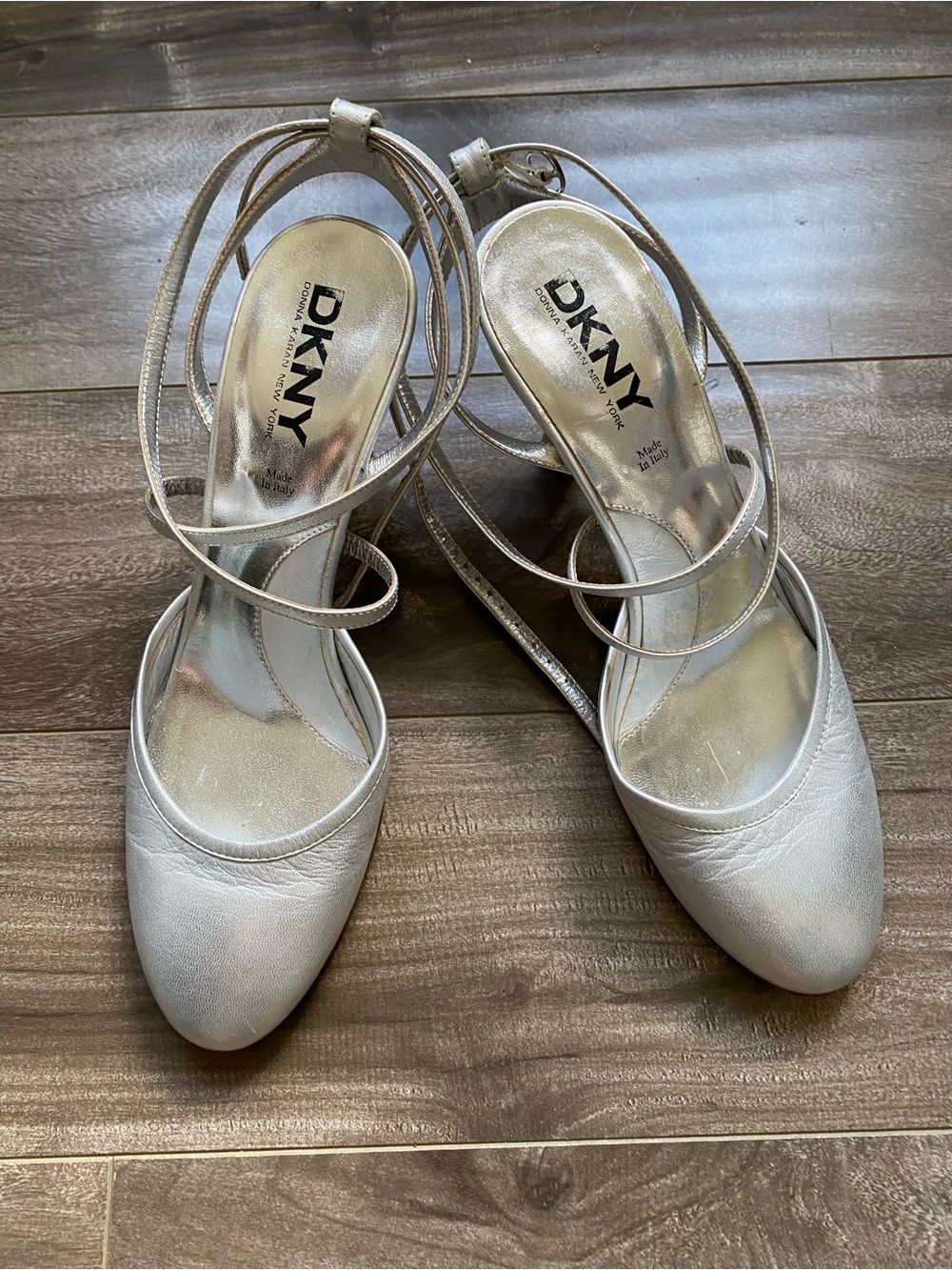 DKNY Metallic Silver Ankle Wrap Heels